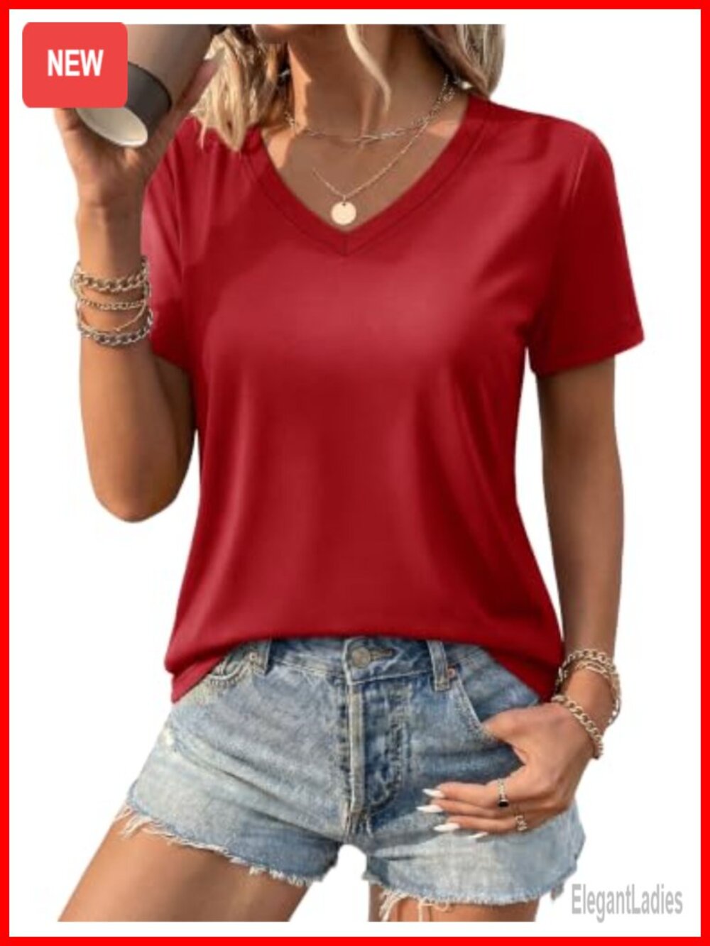 Womens Cotton Short Sleeve V Neck Casual Basic Tee